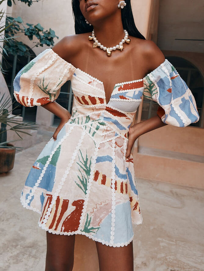 Off-shoulder Minijurk met Pofmouwen