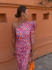 One-Shoulder Geplooide Midi Jurk