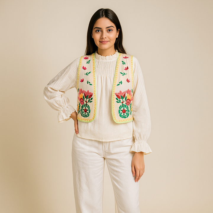 Open Gilet met Bloemenborduursel