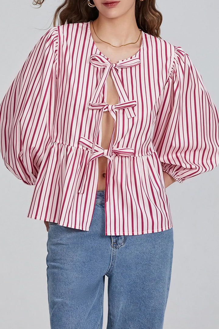 Pofmouw Peplum Blouse met Striksluiting