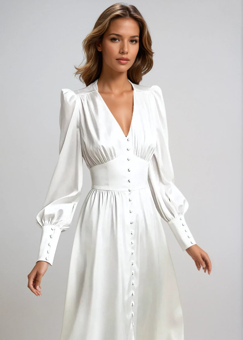 Elegante Satijnen Maxi Jurk met V-Hals – Tijdloze Elegantie met een Moderne Touch