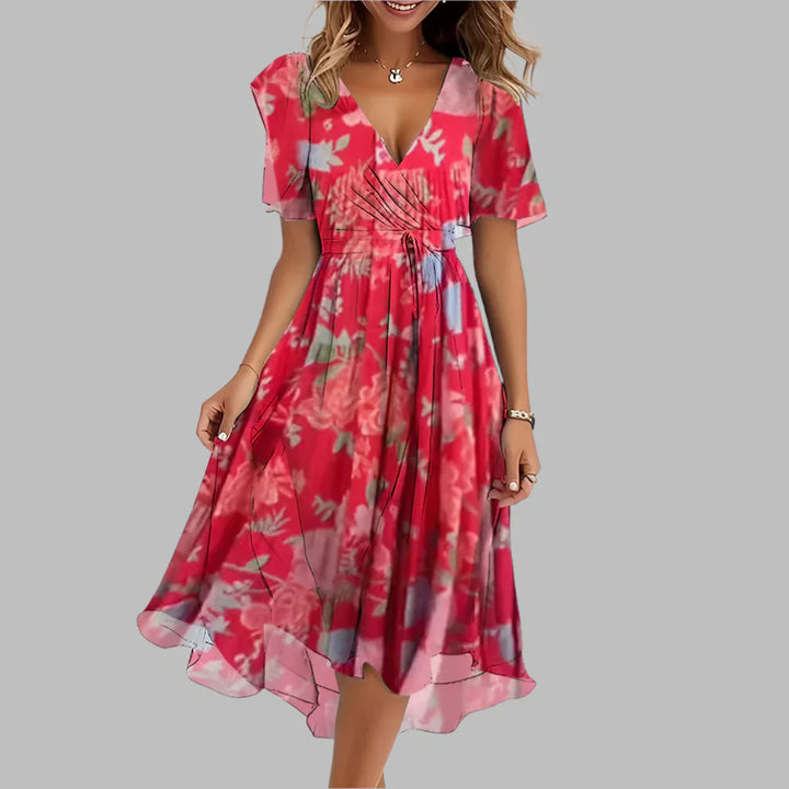 Stijlvolle midi-jurk met bloemenprint en ruches voor dames