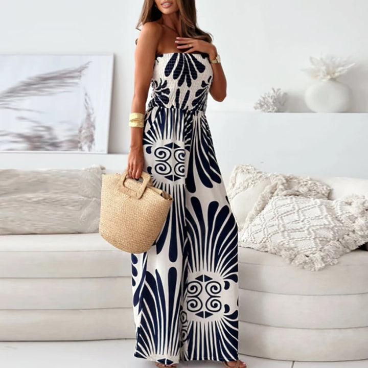 Straploze Gesmokte Wijde-Pijp Jumpsuit