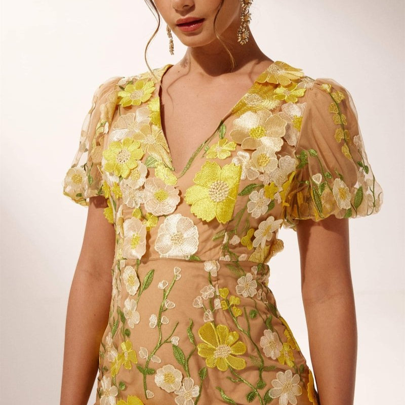 Transparante Gebloemde Jurk met Pofmouwen