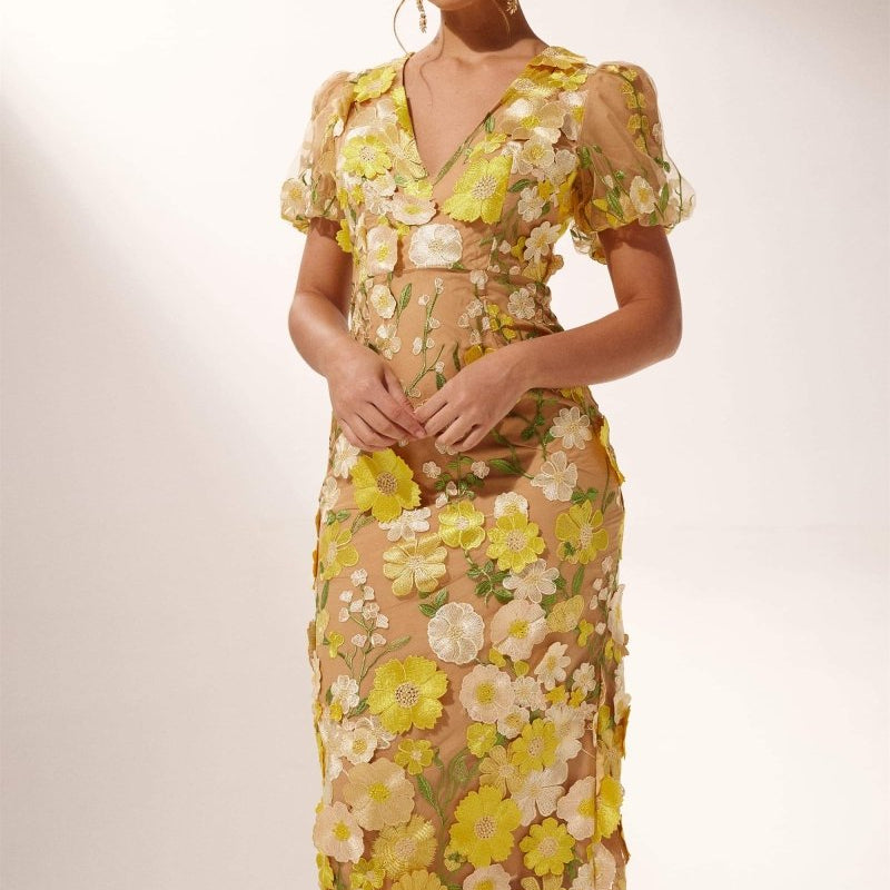 Transparante Gebloemde Jurk met Pofmouwen