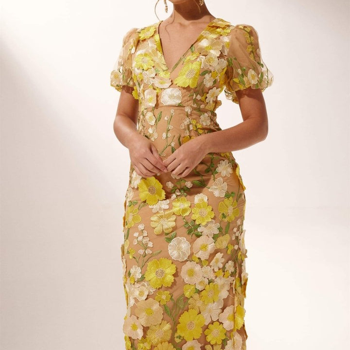 Transparante Gebloemde Jurk met Pofmouwen