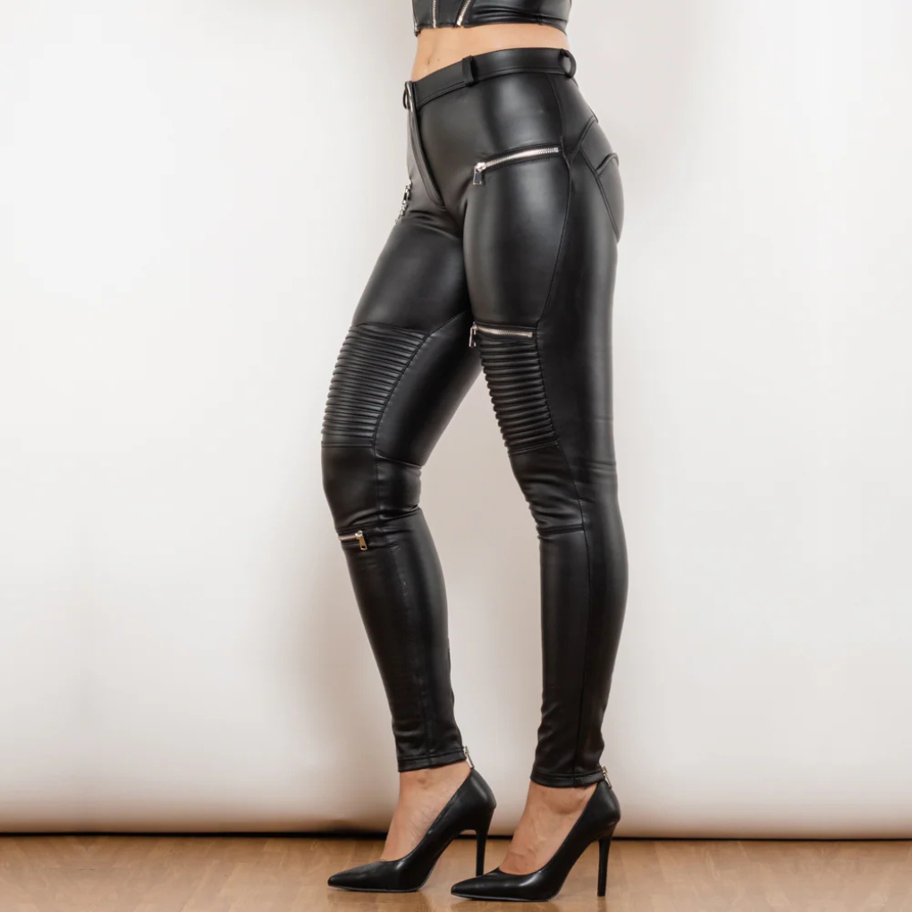 Dames imitatieleren slim-fit broek